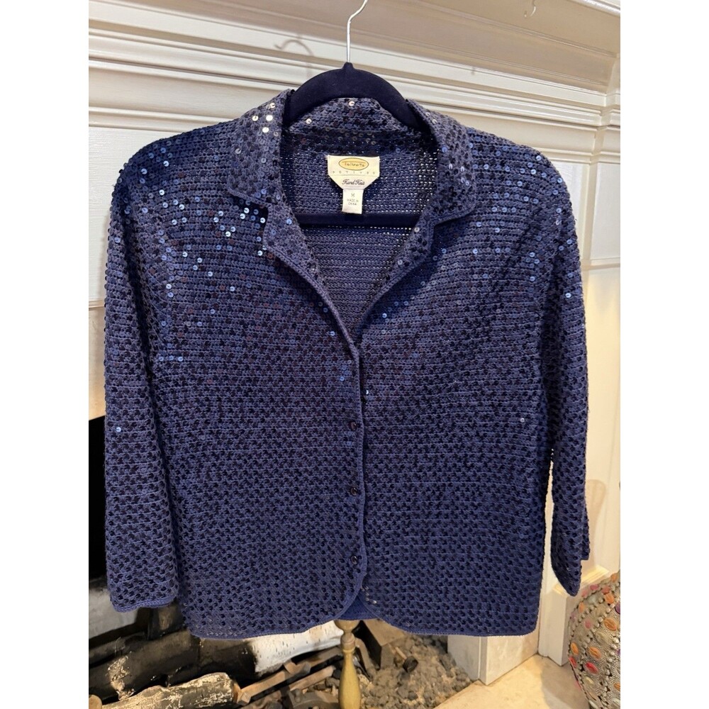 Talbots Hand Knit Sequin Button Front Sweater Size Medium Petite